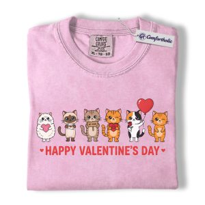 Happy Valentine’s Day Cats Shirt, Cute Cat Lover Graphic Tee, Valentine Cat T-Shirt, Valentine’s Day Gift for Cat Moms, Comfort Colors Shirt