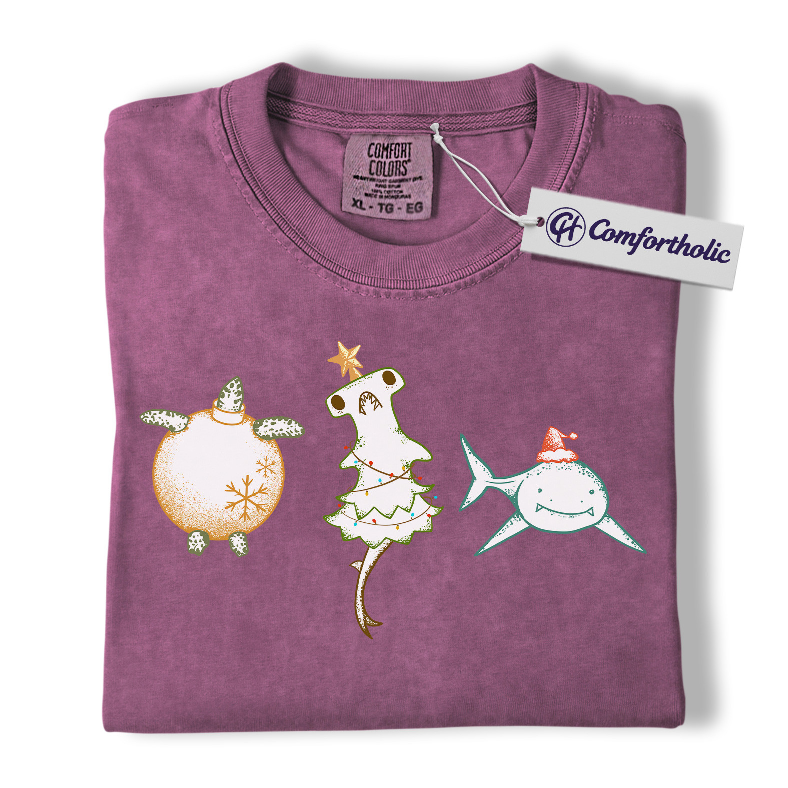 Christmas Sea Animal Shirt, Cute Turtle Hammerhead & Shark T-Shirt, Funny Ocean Lover Holiday Graphic Tee, Coastal Gift for Beach Lovers, Christmas Comfort Colors Shirt - Image 3