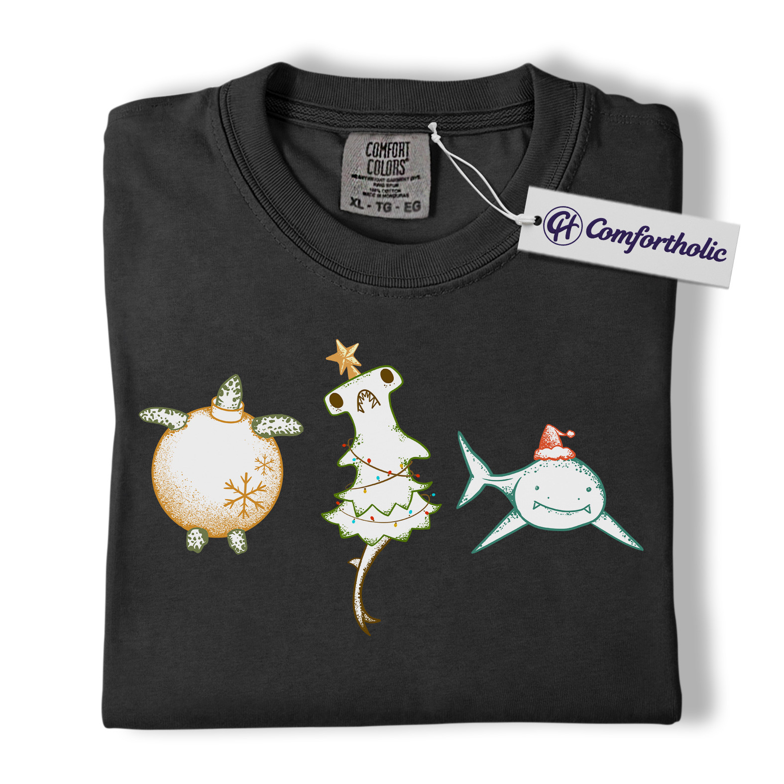 Christmas Sea Animal Shirt, Cute Turtle Hammerhead & Shark T-Shirt, Funny Ocean Lover Holiday Graphic Tee, Coastal Gift for Beach Lovers, Christmas Comfort Colors Shirt - Image 4