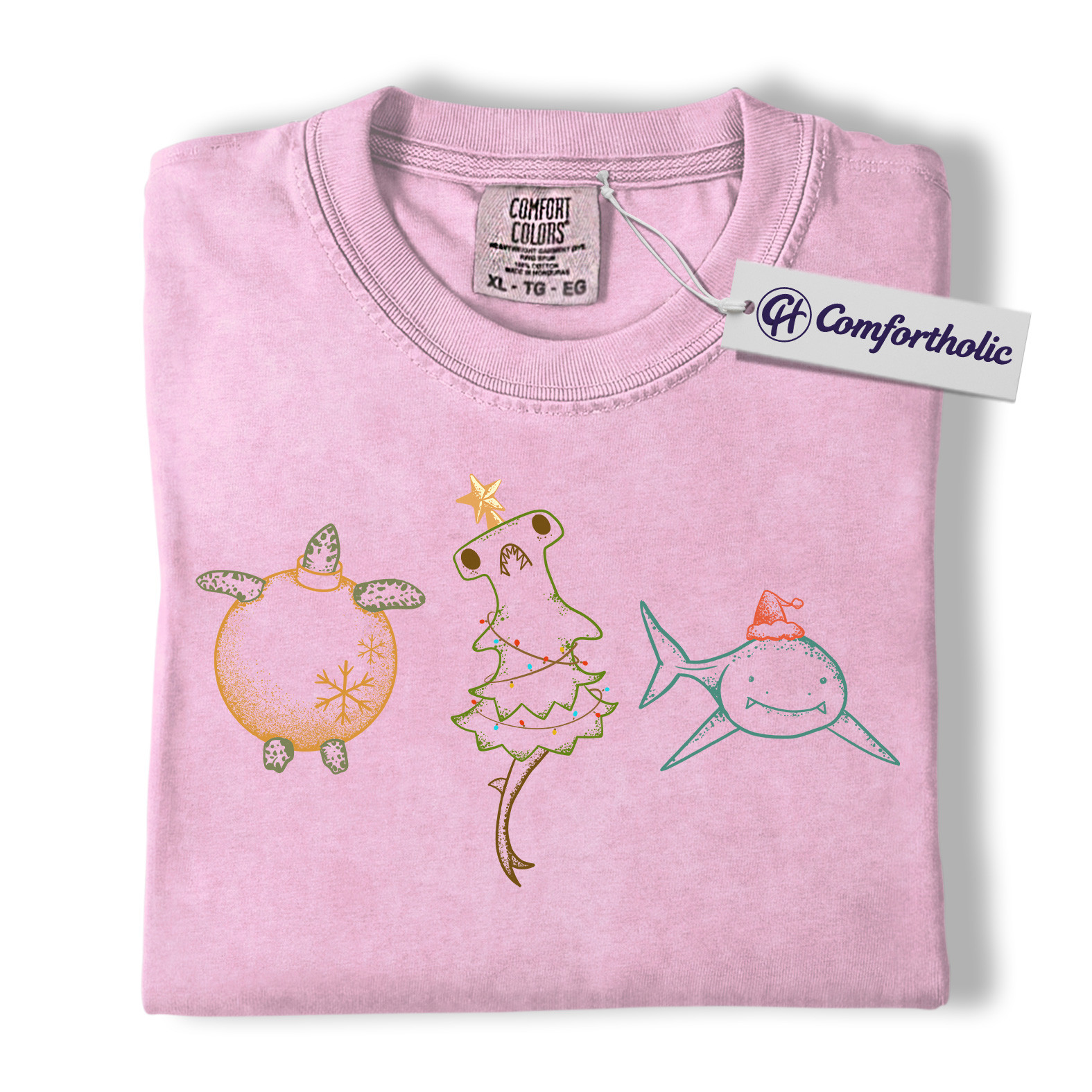 Christmas Sea Animal Shirt, Cute Turtle Hammerhead & Shark T-Shirt, Funny Ocean Lover Holiday Graphic Tee, Coastal Gift for Beach Lovers, Christmas Comfort Colors Shirt - Image 5