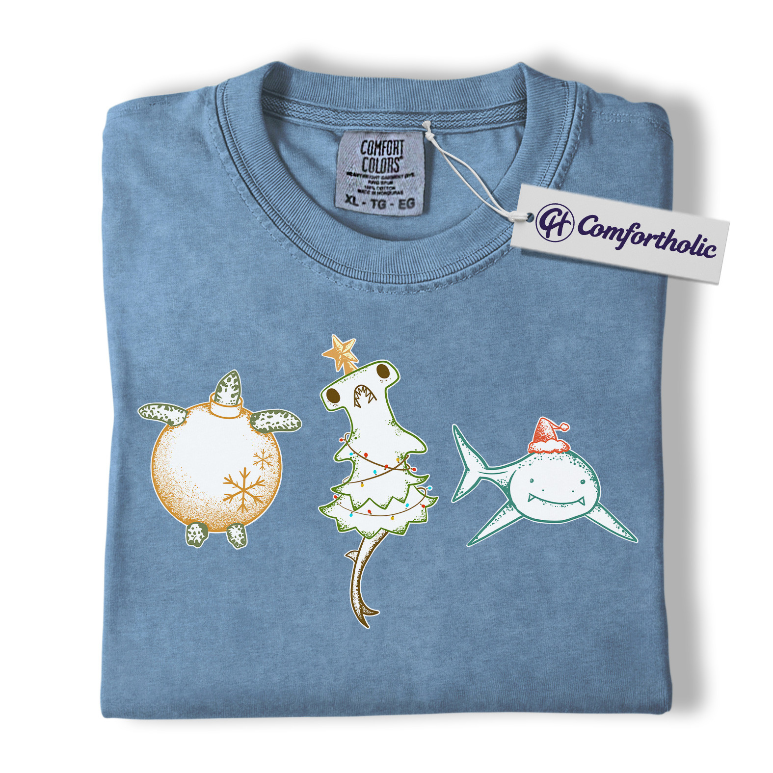 Christmas Sea Animal Shirt, Cute Turtle Hammerhead & Shark T-Shirt, Funny Ocean Lover Holiday Graphic Tee, Coastal Gift for Beach Lovers, Christmas Comfort Colors Shirt - Image 6