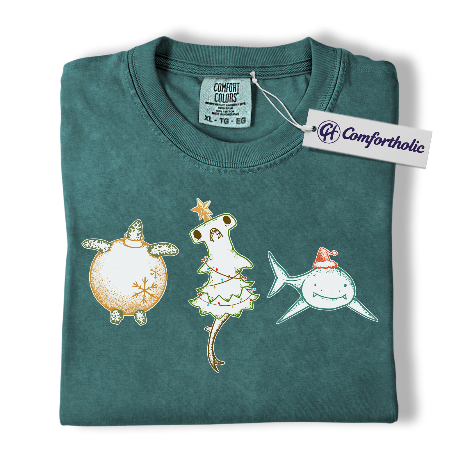 Christmas Sea Animal Shirt, Cute Turtle Hammerhead & Shark T-Shirt, Funny Ocean Lover Holiday Graphic Tee, Coastal Gift for Beach Lovers, Christmas Comfort Colors Shirt - Image 7