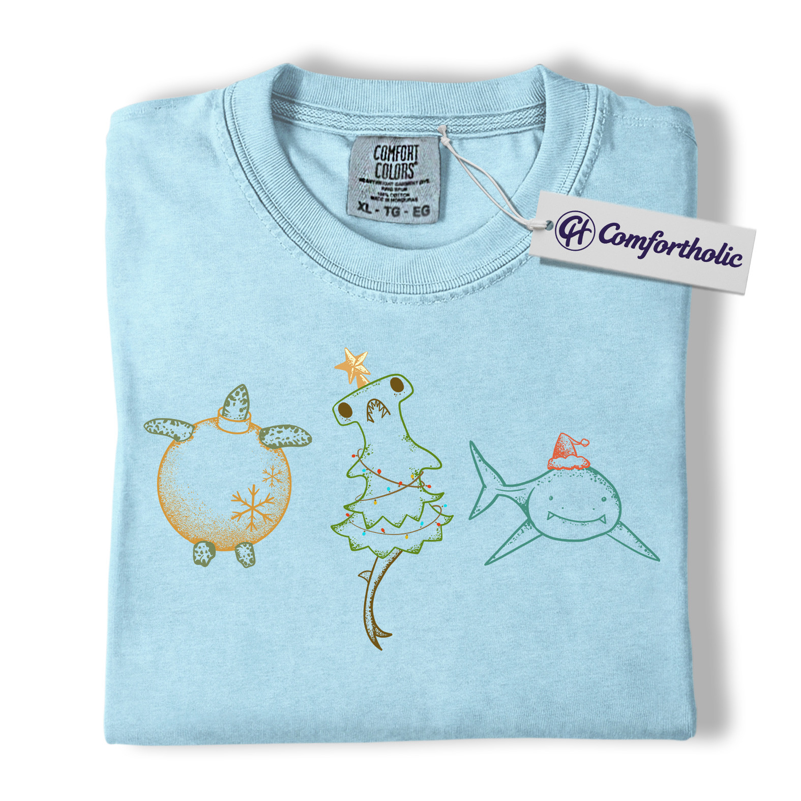 Christmas Sea Animal Shirt, Cute Turtle Hammerhead & Shark T-Shirt, Funny Ocean Lover Holiday Graphic Tee, Coastal Gift for Beach Lovers, Christmas Comfort Colors Shirt - Image 8
