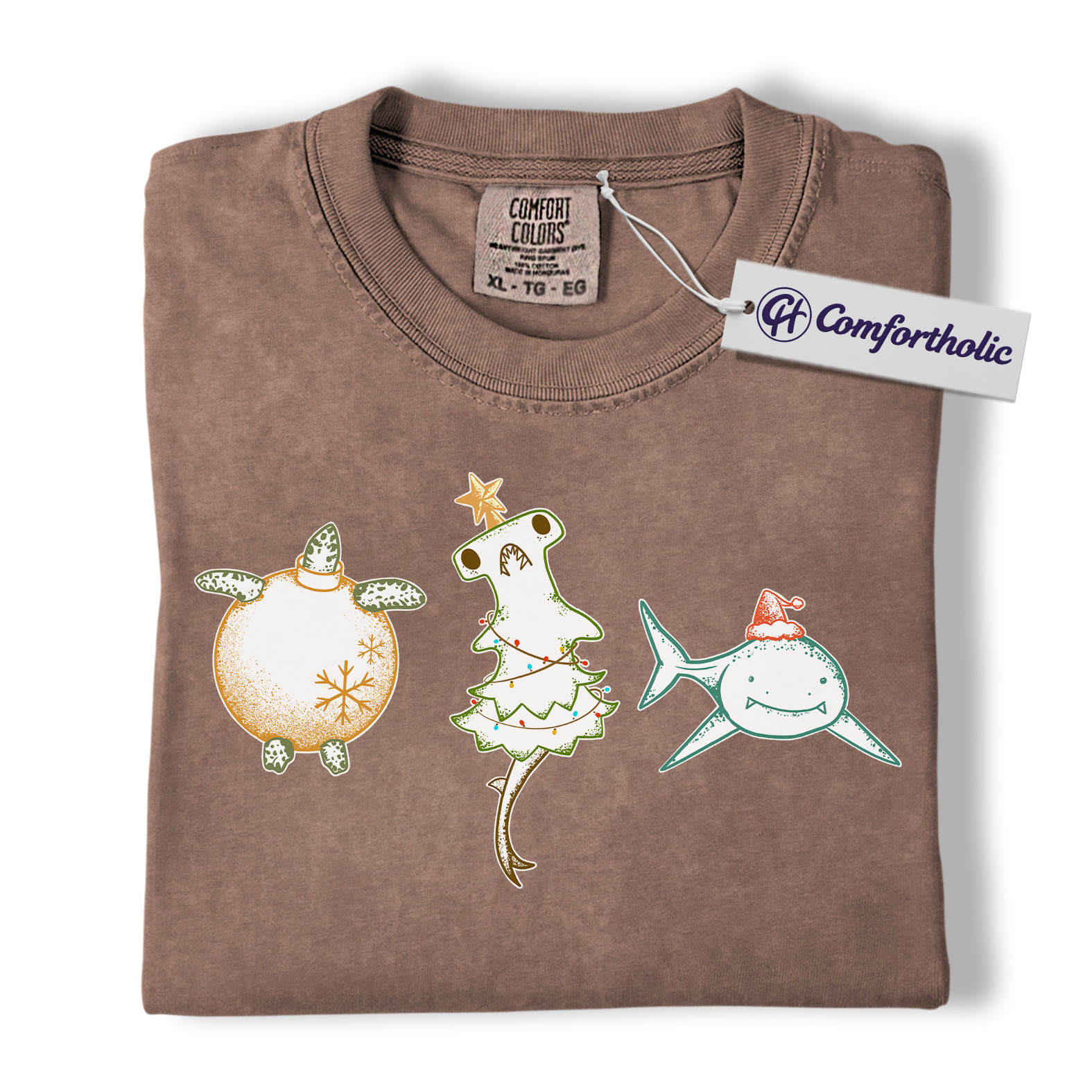 Christmas Sea Animal Shirt, Cute Turtle Hammerhead & Shark T-Shirt, Funny Ocean Lover Holiday Graphic Tee, Coastal Gift for Beach Lovers, Christmas Comfort Colors Shirt - Image 10