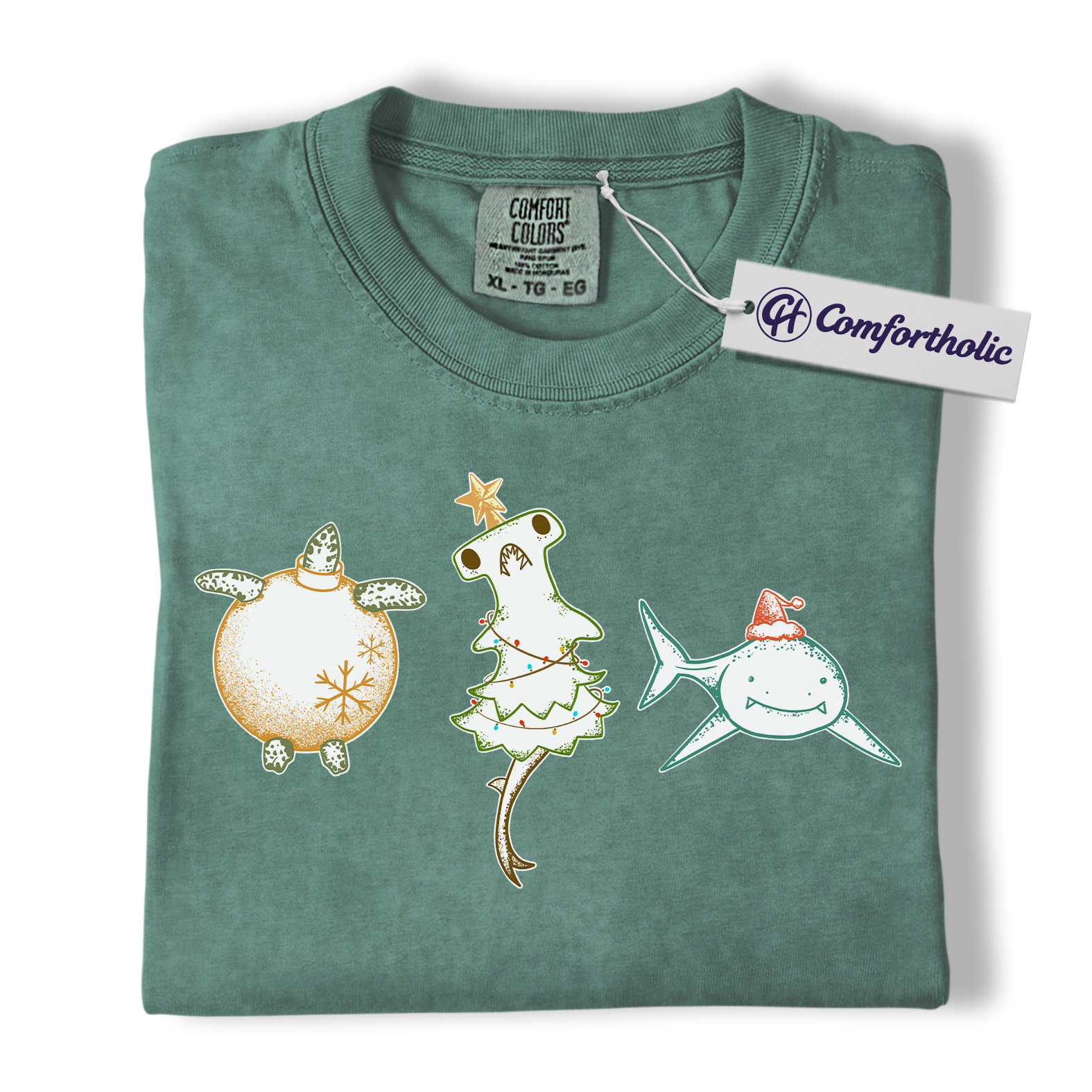 Christmas Sea Animal Shirt, Cute Turtle Hammerhead & Shark T-Shirt, Funny Ocean Lover Holiday Graphic Tee, Coastal Gift for Beach Lovers, Christmas Comfort Colors Shirt - Image 12