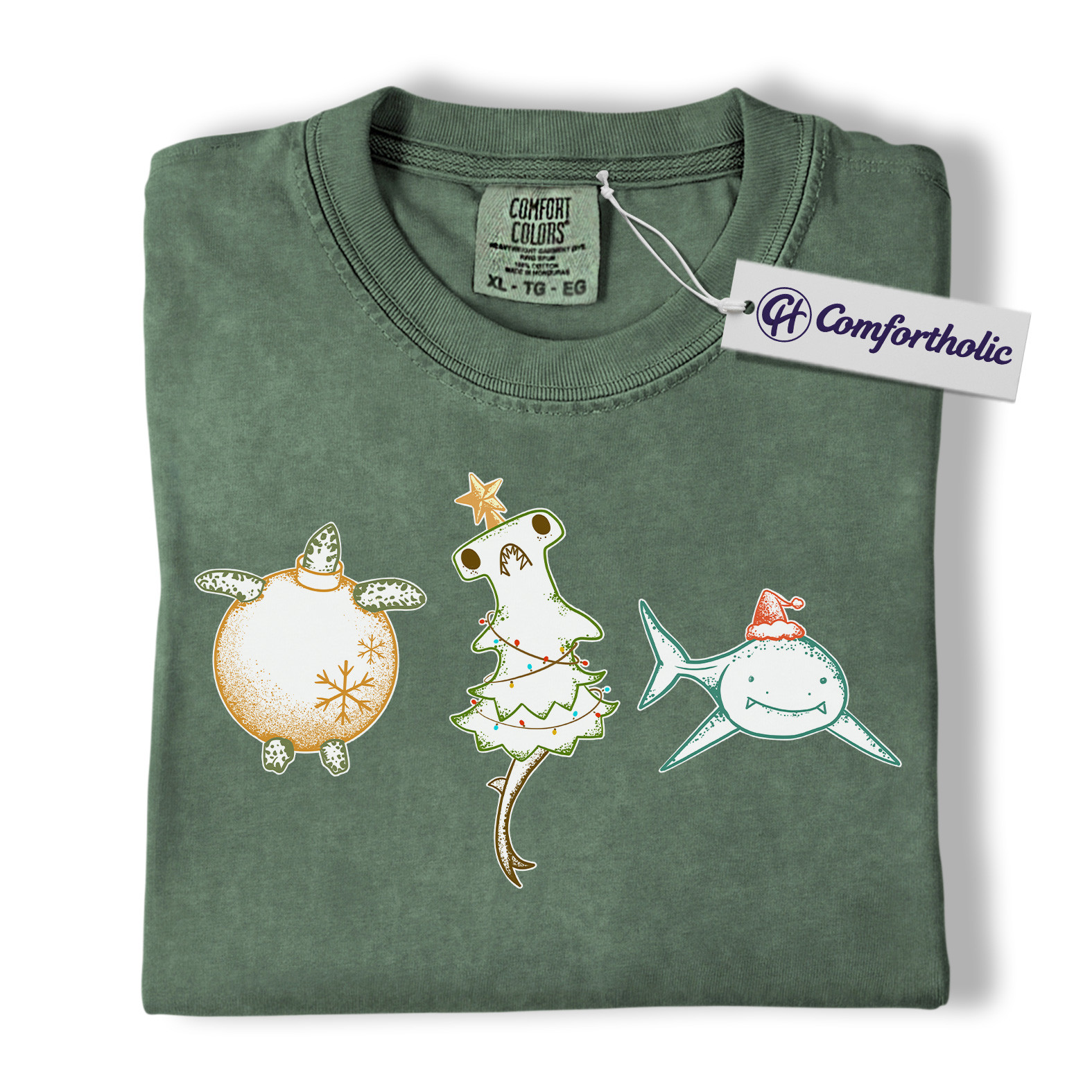 Christmas Sea Animal Shirt, Cute Turtle Hammerhead & Shark T-Shirt, Funny Ocean Lover Holiday Graphic Tee, Coastal Gift for Beach Lovers, Christmas Comfort Colors Shirt - Image 13