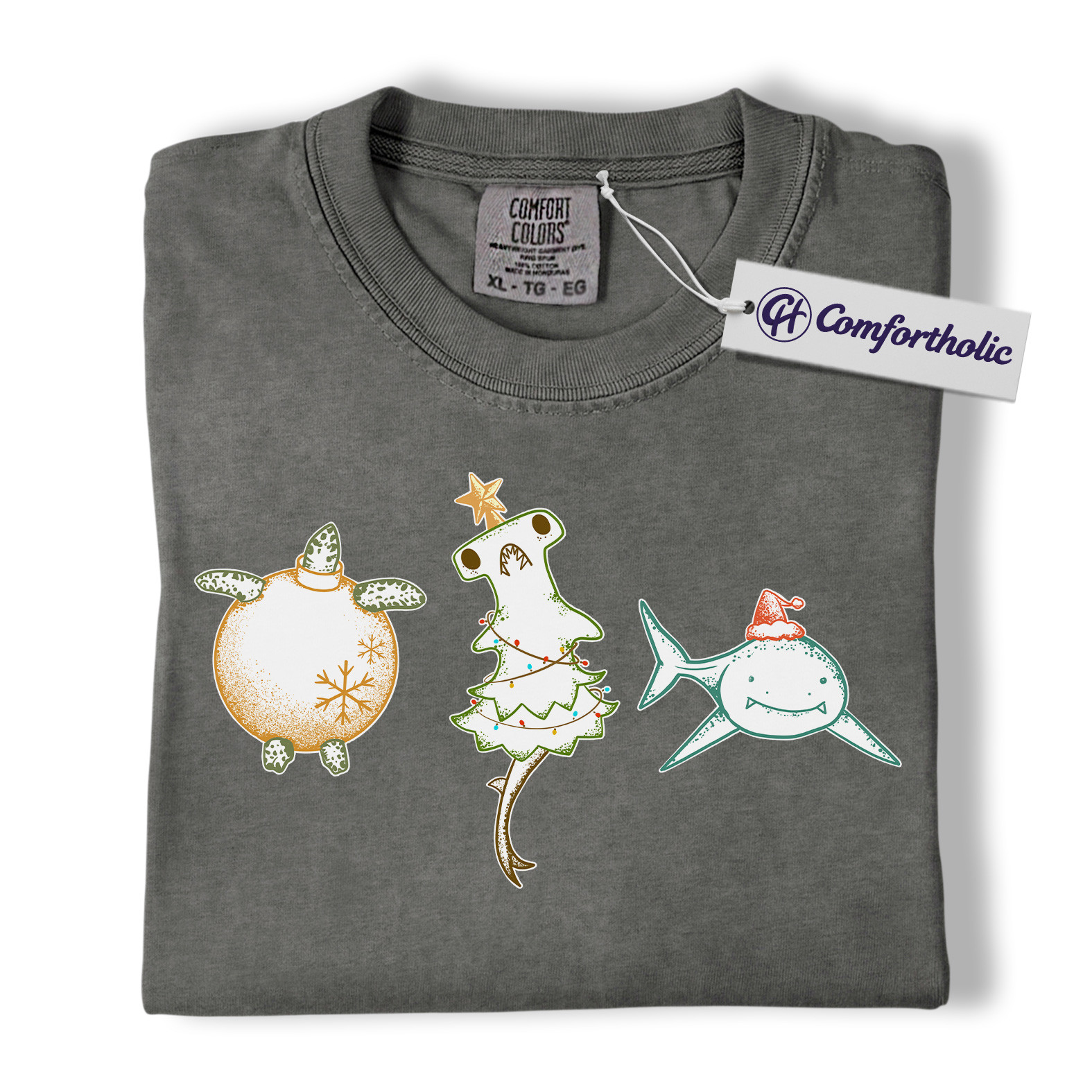 Christmas Sea Animal Shirt, Cute Turtle Hammerhead & Shark T-Shirt, Funny Ocean Lover Holiday Graphic Tee, Coastal Gift for Beach Lovers, Christmas Comfort Colors Shirt - Image 14