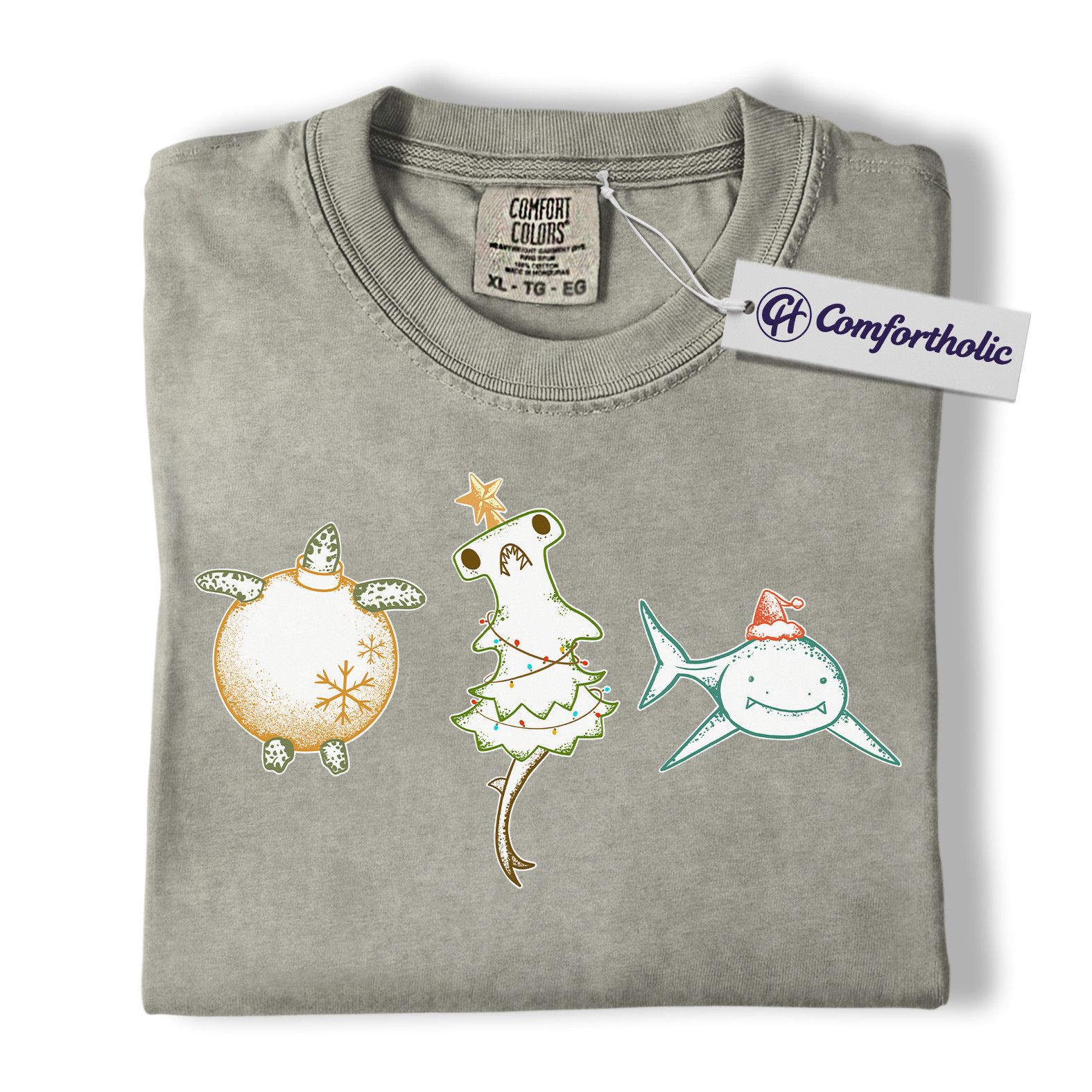 Christmas Sea Animal Shirt, Cute Turtle Hammerhead & Shark T-Shirt, Funny Ocean Lover Holiday Graphic Tee, Coastal Gift for Beach Lovers, Christmas Comfort Colors Shirt - Image 15