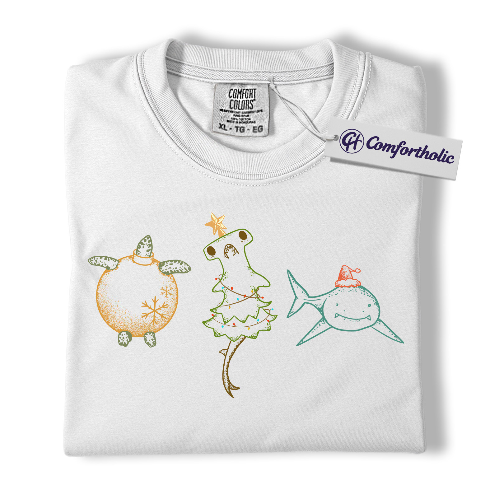 Christmas Sea Animal Shirt, Cute Turtle Hammerhead & Shark T-Shirt, Funny Ocean Lover Holiday Graphic Tee, Coastal Gift for Beach Lovers, Christmas Comfort Colors Shirt - Image 20