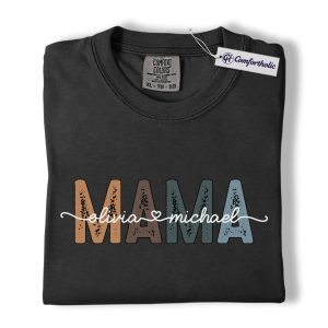 Personalized Mama Shirt, Custom Kids Name T-Shirt for Moms, Boho Retro Mom Graphic Tee, Cute Mother’s Day Gift, Comfort Colors Shirt