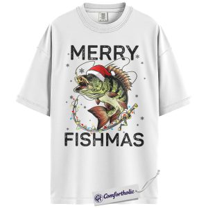 Alternative view of Merry Fishmas Shirt, Funny Fishing Christmas T-Shirt, Santa Fish Holiday Graphic Tee, Gift for Fishermen and Anglers, Christmas Comfort Colors Shirt