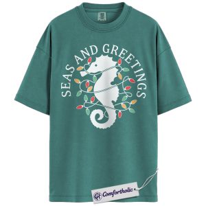 Seas and Greetings Shirt, Funny Coastal Christmas T-Shirt, Seahorse Holiday Graphic Tee, Beach Lover Festive Gift, Christmas Comfort Colors Shirt