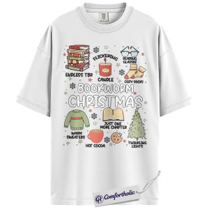 Alternative view of Bookworm Christmas Shirt, Cozy Holiday Reader T-Shirt, Cute Book Lover Graphic Tee, Festive Gift for Readers and Bibliophiles, Christmas Comfort Colors Shirt