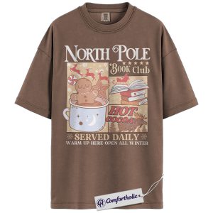North Pole Book Club Shirt, Cozy Christmas Reader T-Shirt, Hot Cocoa Gingerbread Graphic Tee, Holiday Gift for Book Lovers, Christmas Comfort Colors Shirt