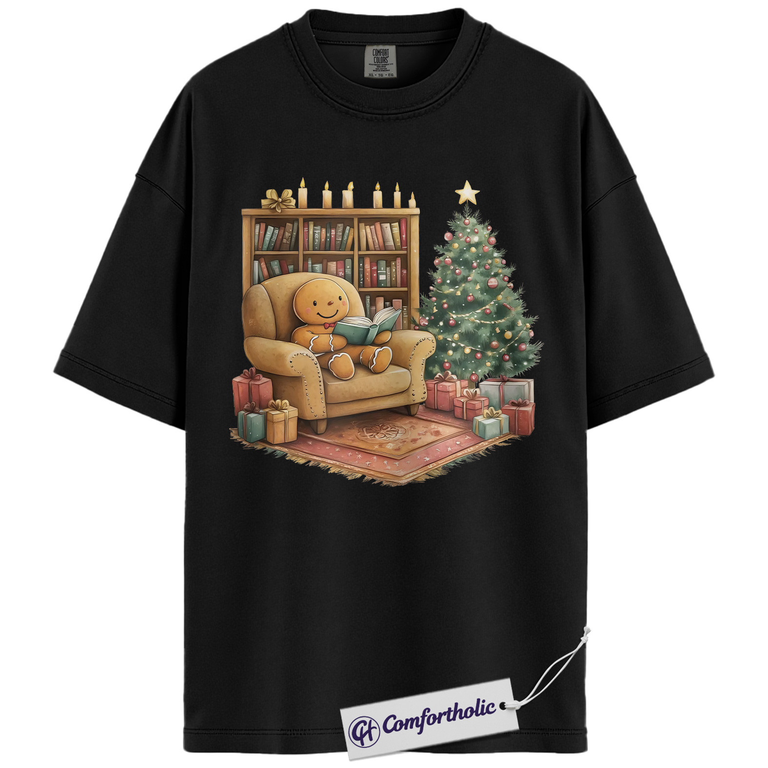 Bookish Christmas Shirt, Cozy Gingerbread Reading T-Shirt, Cute Bookworm Holiday Graphic Tee, Gift for Book Lovers and Readers, Christmas Comfort Colors Shirt - Image 3
