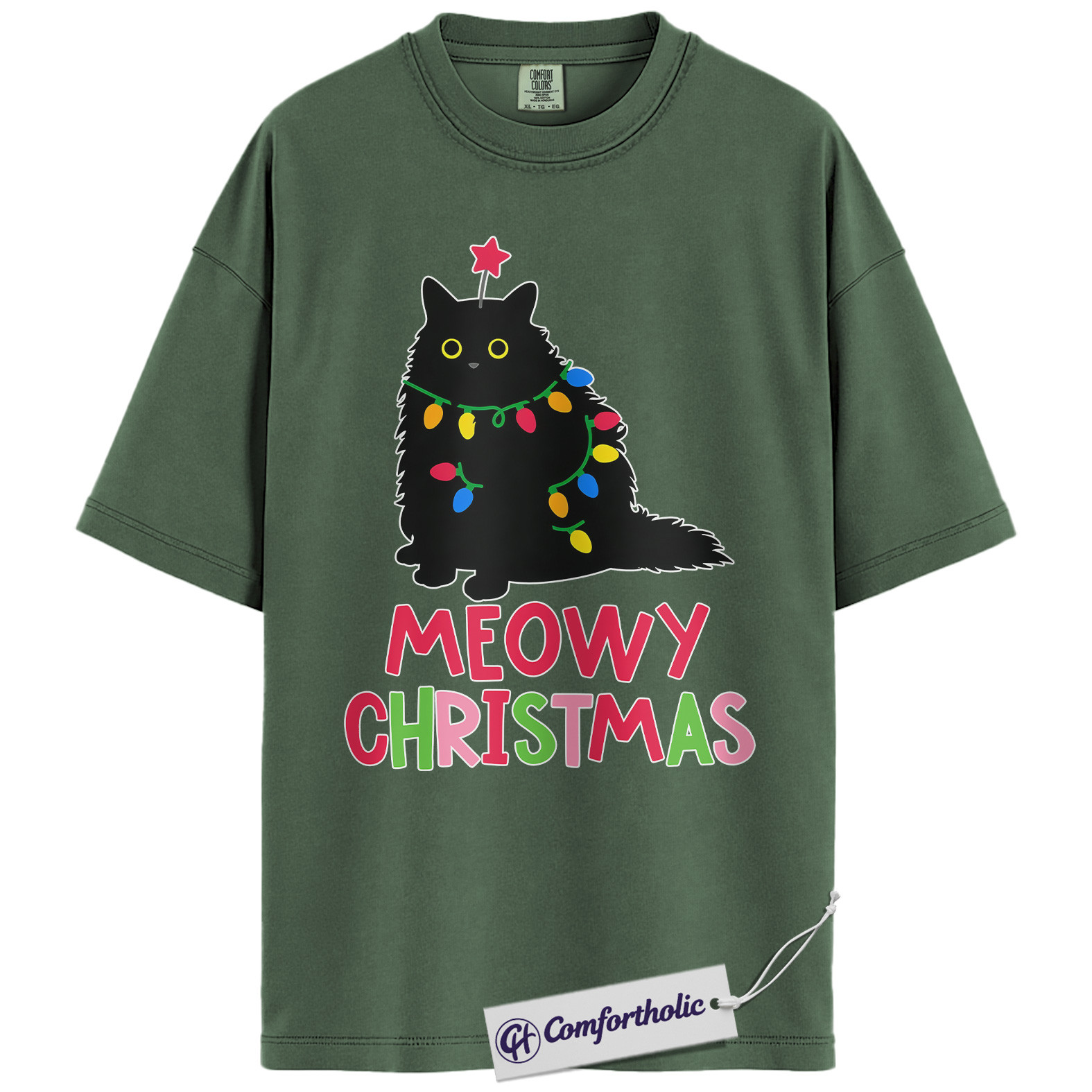 Meowy Christmas Cat Shirt, Funny Black Cat Holiday T-Shirt, Cute Pet Lover Graphic Tee, Gift for Cat Moms and Animal Lovers, Christmas Comfort Colors Shirt - Image 6