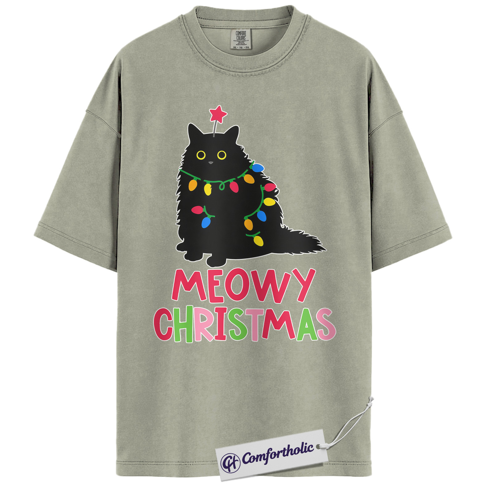 Meowy Christmas Cat Shirt, Funny Black Cat Holiday T-Shirt, Cute Pet Lover Graphic Tee, Gift for Cat Moms and Animal Lovers, Christmas Comfort Colors Shirt - Image 7
