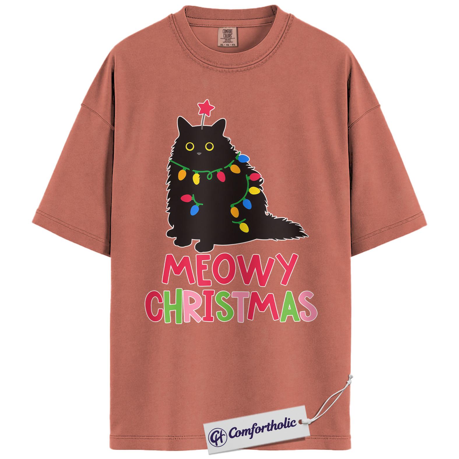 Meowy Christmas Cat Shirt, Funny Black Cat Holiday T-Shirt, Cute Pet Lover Graphic Tee, Gift for Cat Moms and Animal Lovers, Christmas Comfort Colors Shirt - Image 8