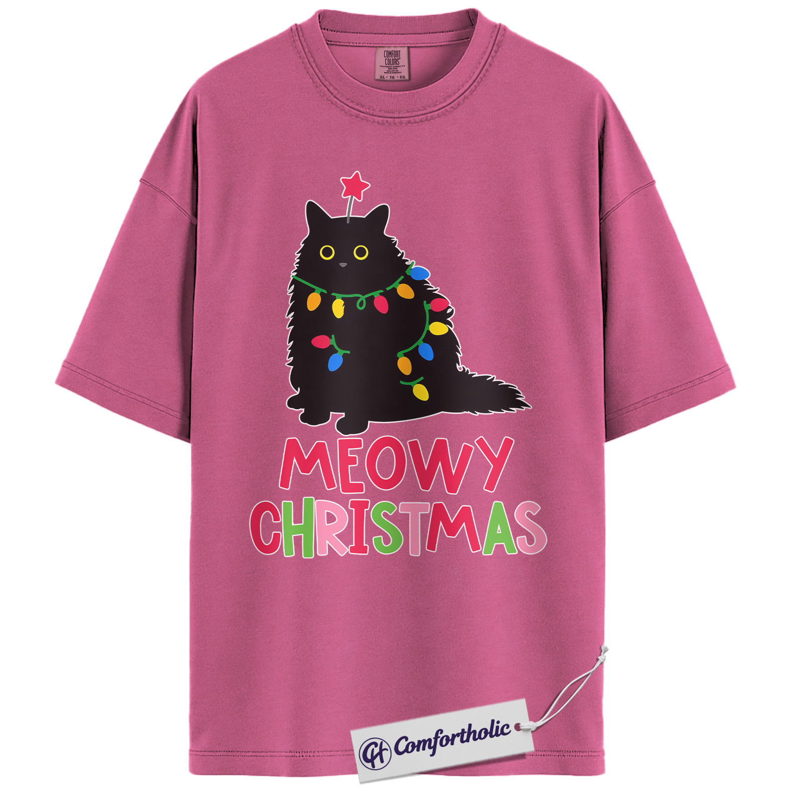Meowy Christmas Cat Shirt, Funny Black Cat Holiday T-Shirt, Cute Pet Lover Graphic Tee, Gift for Cat Moms and Animal Lovers, Christmas Comfort Colors Shirt - Image 16
