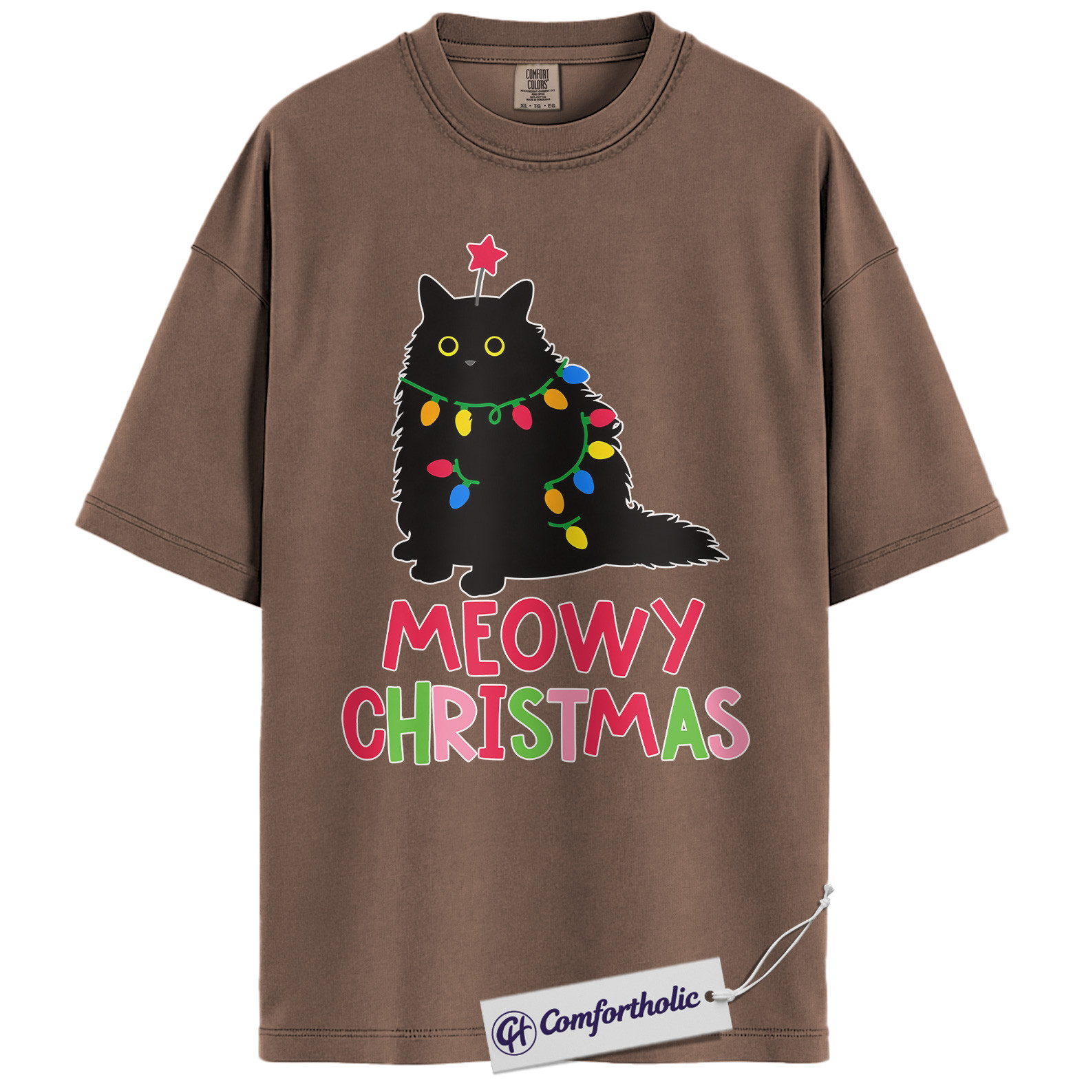 Meowy Christmas Cat Shirt, Funny Black Cat Holiday T-Shirt, Cute Pet Lover Graphic Tee, Gift for Cat Moms and Animal Lovers, Christmas Comfort Colors Shirt - Image 19