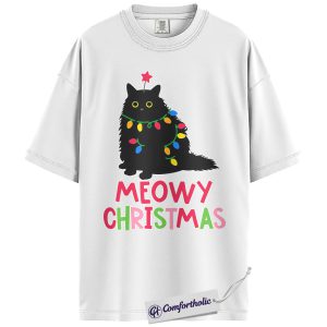 Alternative view of Meowy Christmas Cat Shirt, Funny Black Cat Holiday T-Shirt, Cute Pet Lover Graphic Tee, Gift for Cat Moms and Animal Lovers, Christmas Comfort Colors Shirt
