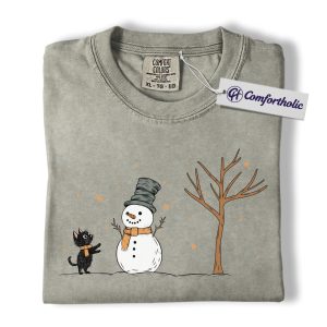 Cat and Snowman Christmas Shirt, Cute Black Cat Winter T-Shirt, Cozy Holiday Graphic Tee, Gift for Cat Lovers, Christmas Comfort Colors Shirt