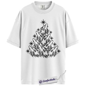 Alternative view of Wolf Christmas Tree Shirt, Wild Animal Holiday T-Shirt, Minimalist Nature Lover Graphic Tee, Rustic Gift for Wolf Lovers, Christmas Comfort Colors Shirt