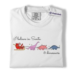 Alternative view of I Believe in Santa and Dinosaurs Shirt, Funny Dinosaur Christmas T-Shirt, Cute Santa Dino Graphic Tee, Whimsical Holiday Gift for Dinosaur Lovers, Christmas Comfort Colors Shirt