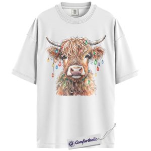 Alternative view of Highland Cow Christmas Shirt, Watercolor Farm Animal Holiday T-Shirt, Rustic Country Graphic Tee, Cute Gift for Cow Lovers, Christmas Comfort Colors Shirt