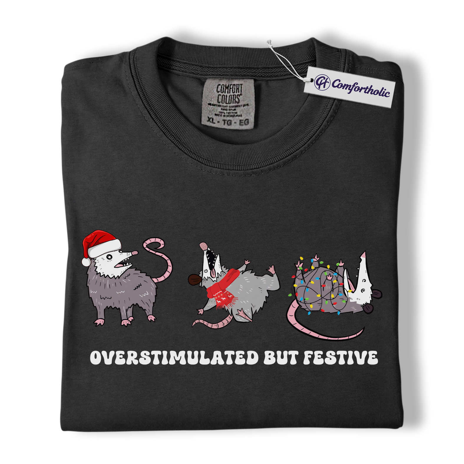 Overstimulated But Festive Shirt, Funny Opossum Christmas T-Shirt, Holiday Humor Graphic Tee, Introvert Gift for Animal Lovers, Christmas Comfort Colors Shirt - Image 3