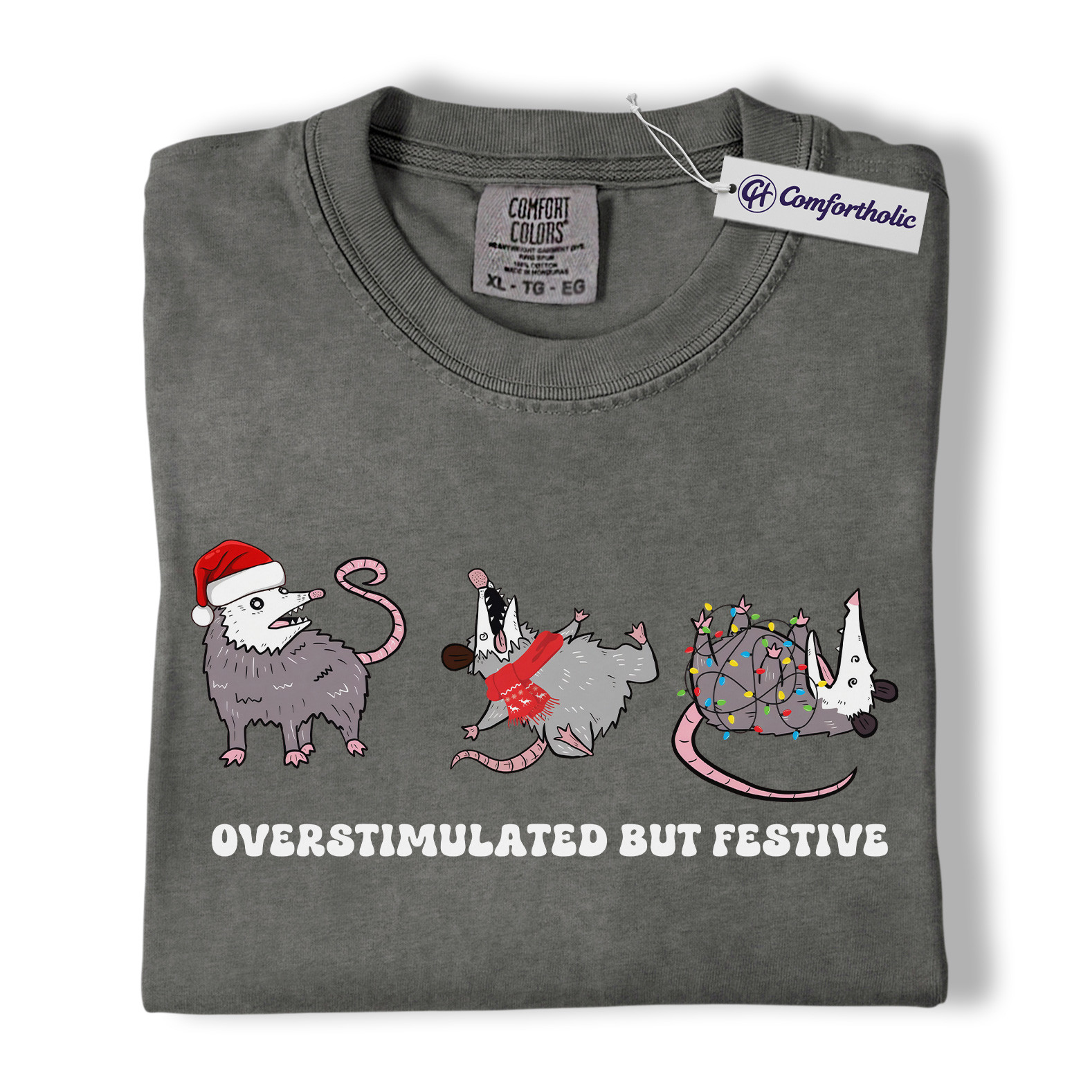 Overstimulated But Festive Shirt, Funny Opossum Christmas T-Shirt, Holiday Humor Graphic Tee, Introvert Gift for Animal Lovers, Christmas Comfort Colors Shirt - Image 4