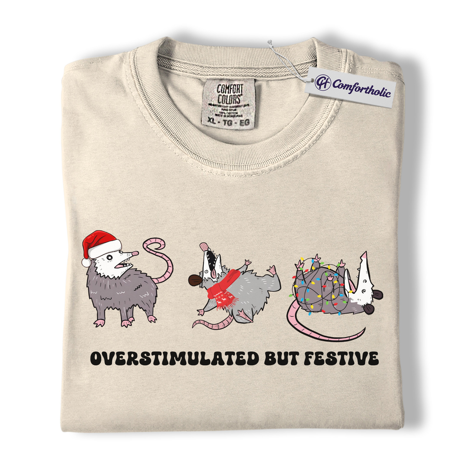Overstimulated But Festive Shirt, Funny Opossum Christmas T-Shirt, Holiday Humor Graphic Tee, Introvert Gift for Animal Lovers, Christmas Comfort Colors Shirt - Image 5