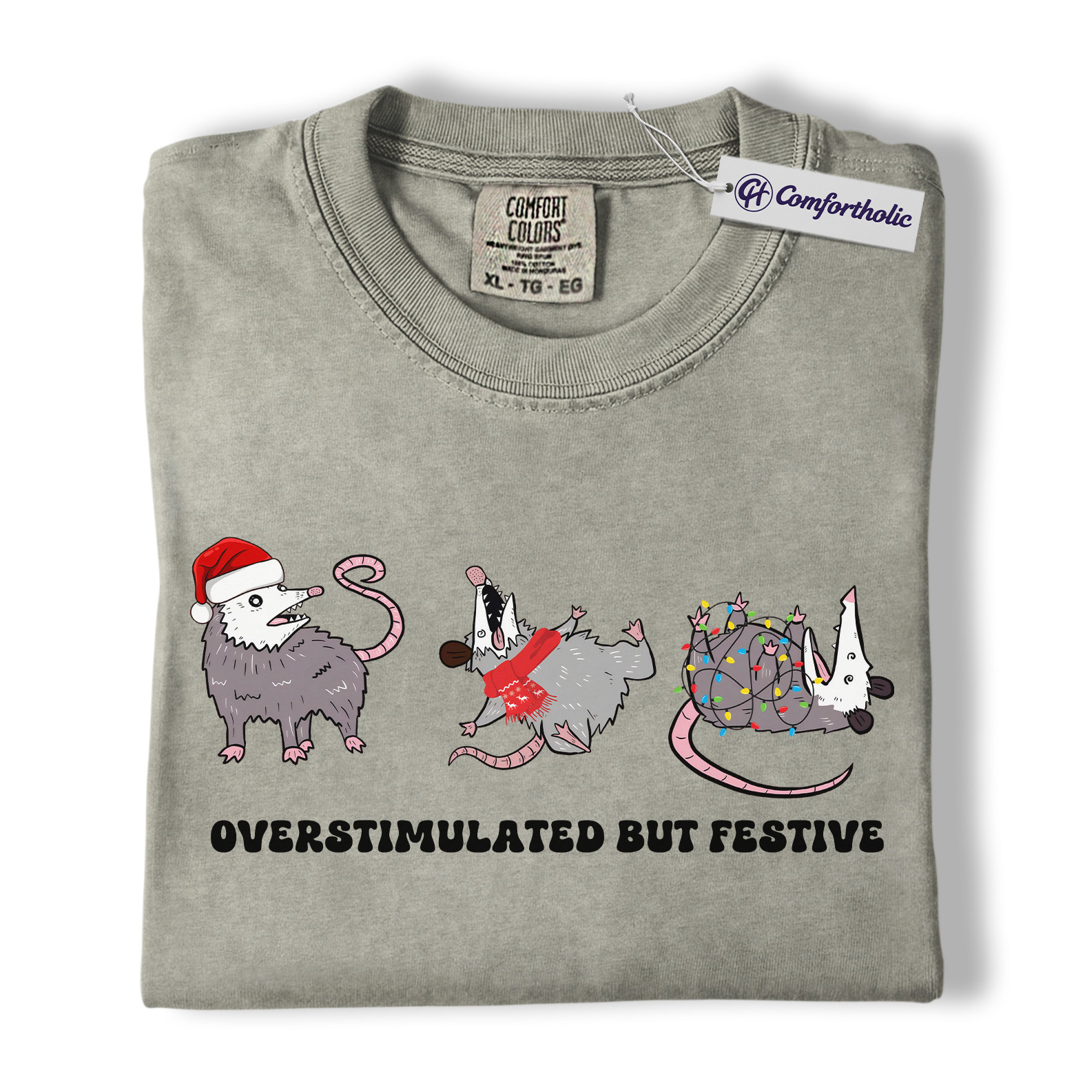 Overstimulated But Festive Shirt, Funny Opossum Christmas T-Shirt, Holiday Humor Graphic Tee, Introvert Gift for Animal Lovers, Christmas Comfort Colors Shirt - Image 7