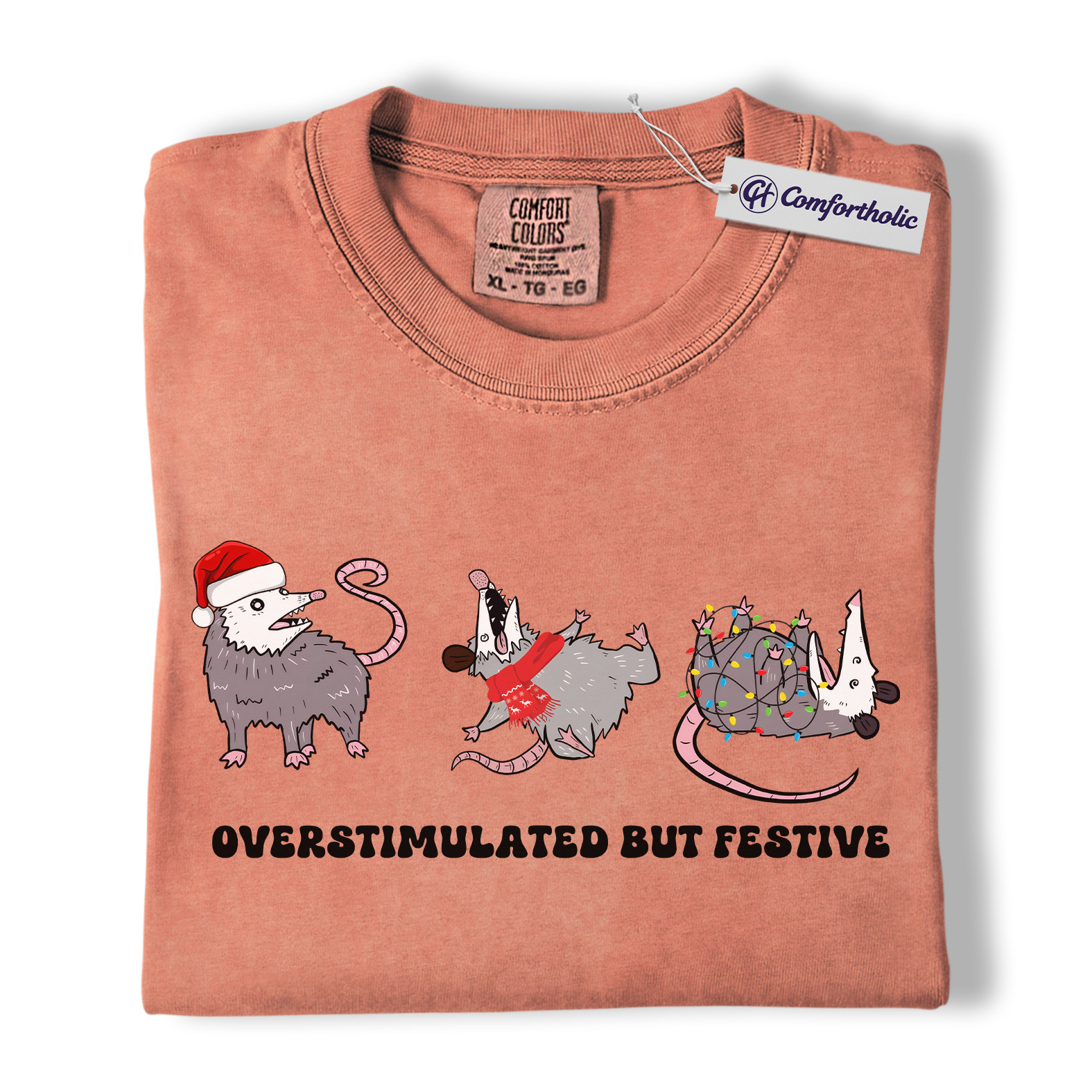 Overstimulated But Festive Shirt, Funny Opossum Christmas T-Shirt, Holiday Humor Graphic Tee, Introvert Gift for Animal Lovers, Christmas Comfort Colors Shirt - Image 8