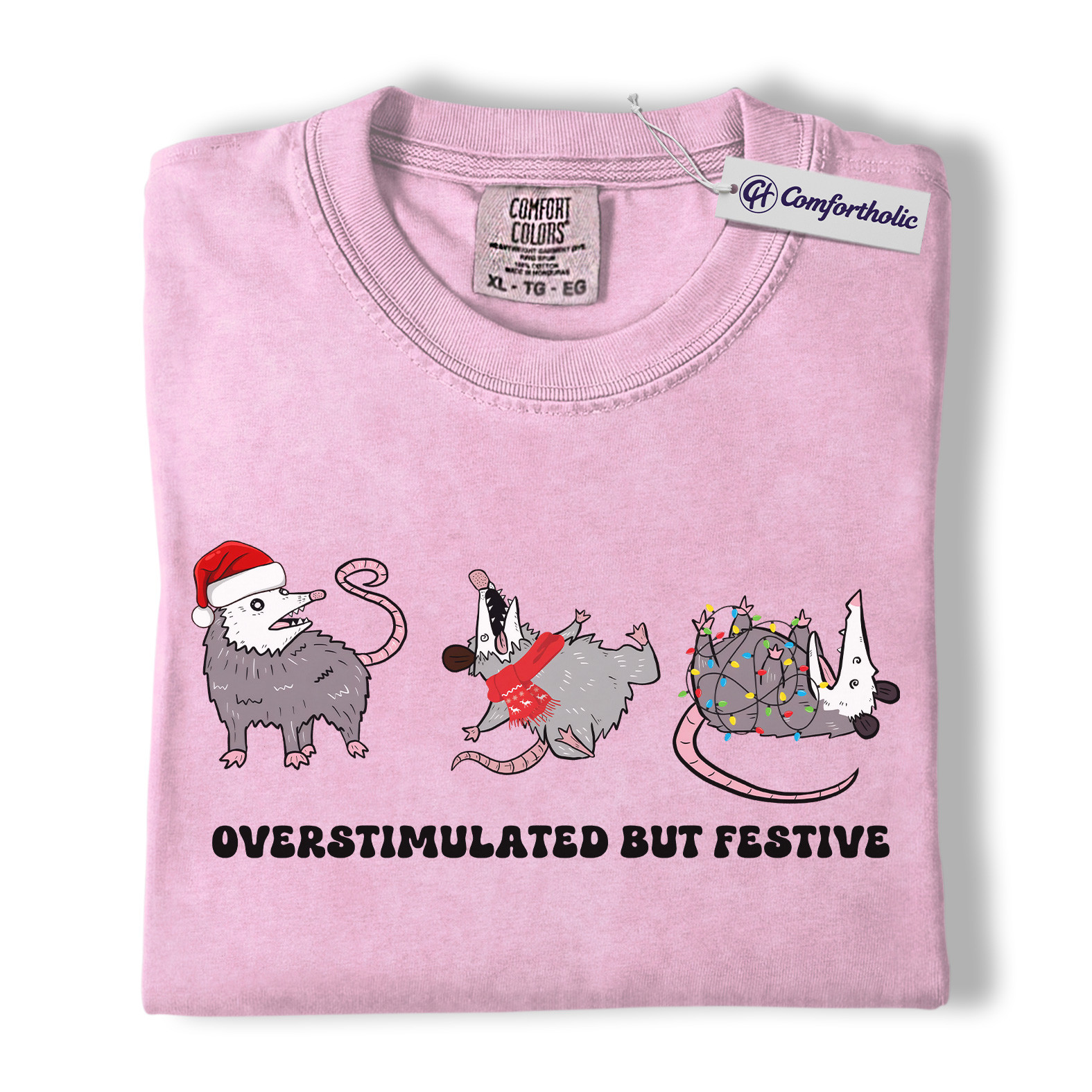 Overstimulated But Festive Shirt, Funny Opossum Christmas T-Shirt, Holiday Humor Graphic Tee, Introvert Gift for Animal Lovers, Christmas Comfort Colors Shirt - Image 9