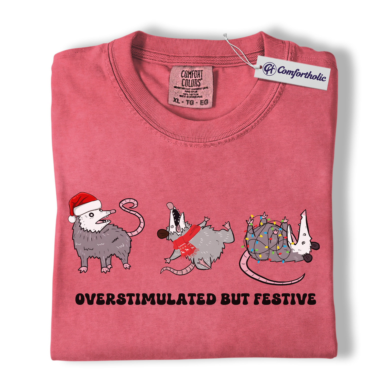 Overstimulated But Festive Shirt, Funny Opossum Christmas T-Shirt, Holiday Humor Graphic Tee, Introvert Gift for Animal Lovers, Christmas Comfort Colors Shirt - Image 10