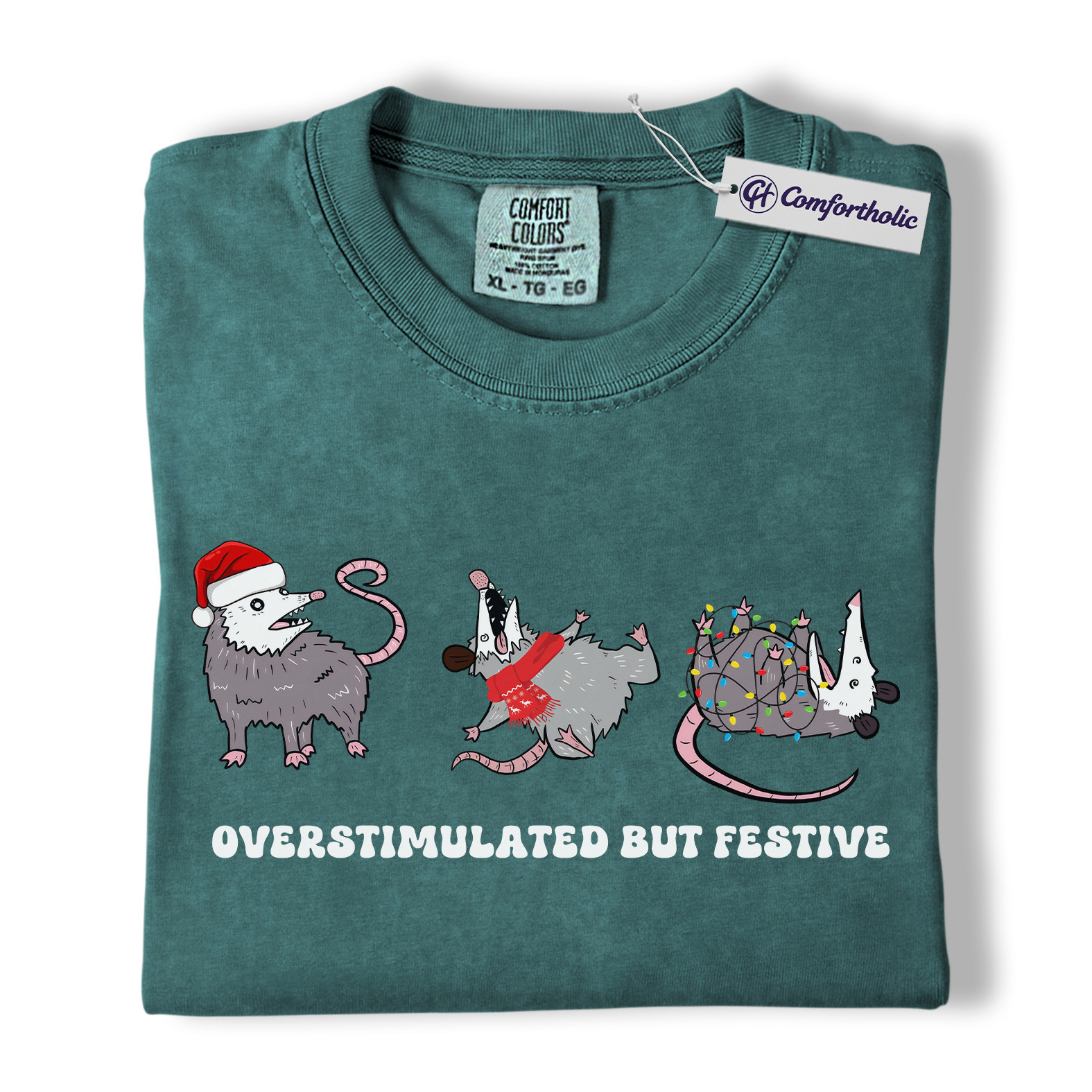 Overstimulated But Festive Shirt, Funny Opossum Christmas T-Shirt, Holiday Humor Graphic Tee, Introvert Gift for Animal Lovers, Christmas Comfort Colors Shirt