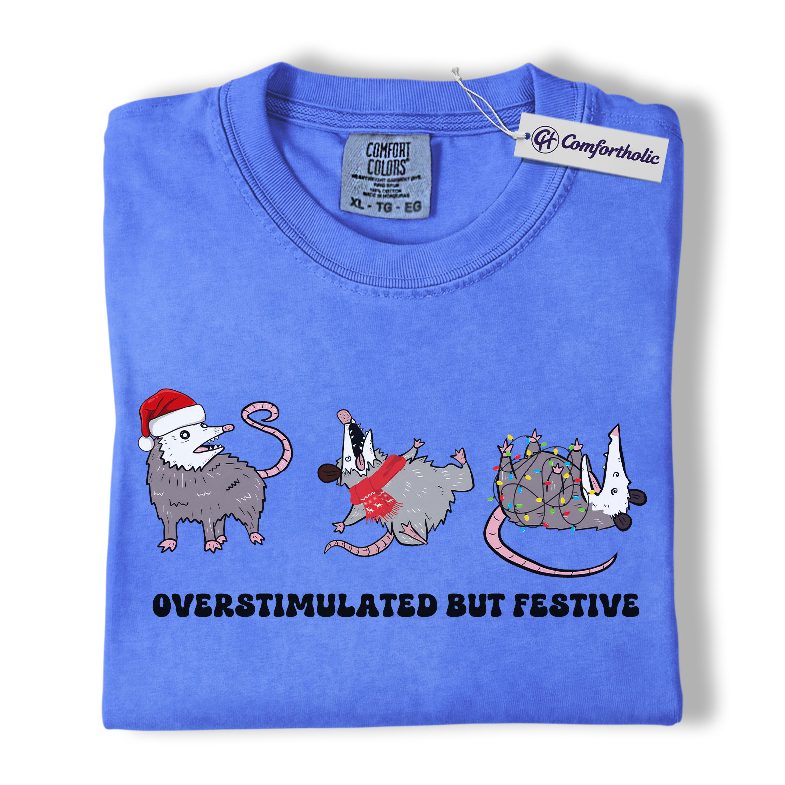Overstimulated But Festive Shirt, Funny Opossum Christmas T-Shirt, Holiday Humor Graphic Tee, Introvert Gift for Animal Lovers, Christmas Comfort Colors Shirt - Image 12