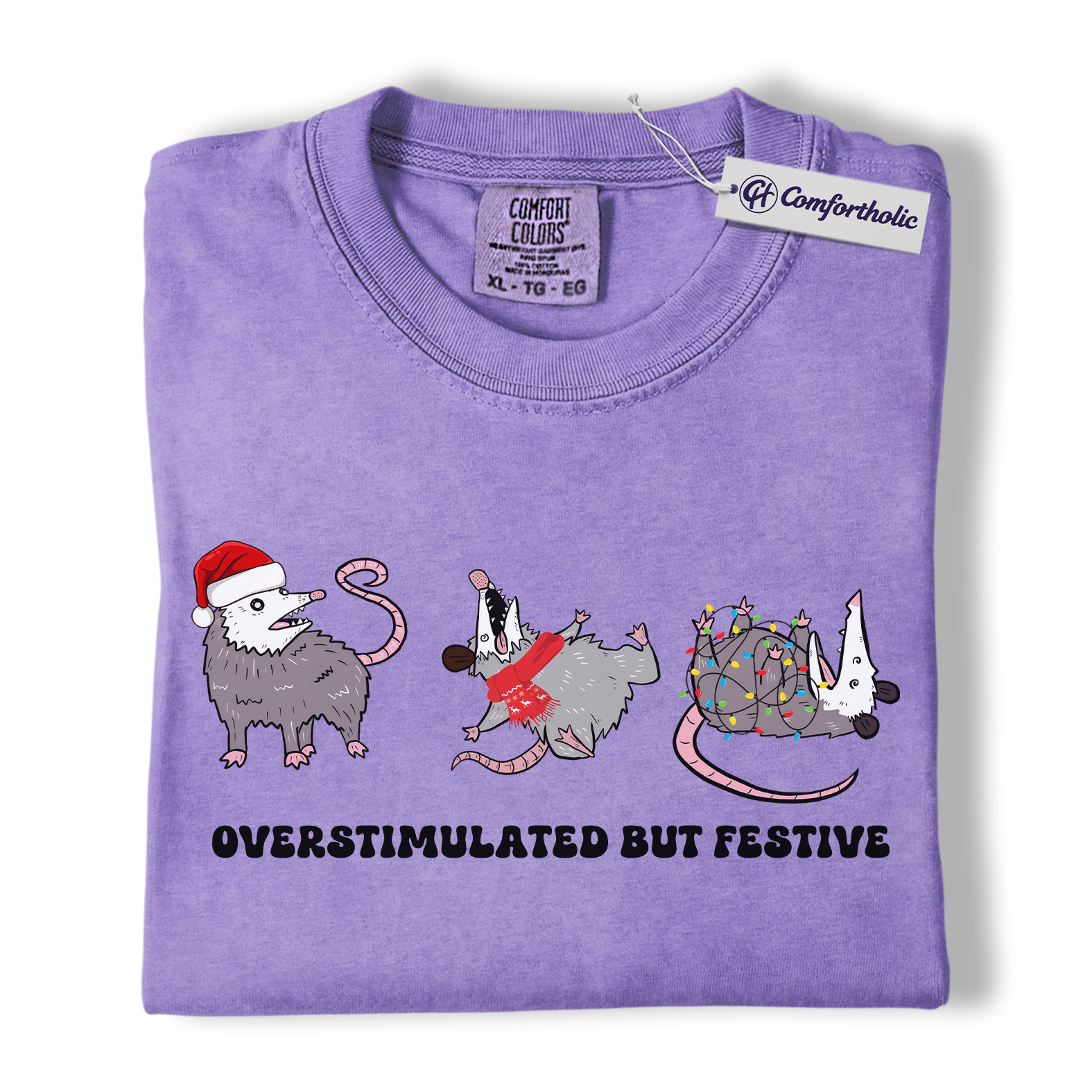 Overstimulated But Festive Shirt, Funny Opossum Christmas T-Shirt, Holiday Humor Graphic Tee, Introvert Gift for Animal Lovers, Christmas Comfort Colors Shirt - Image 20