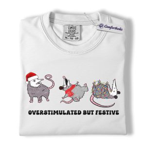 Alternative view of Overstimulated But Festive Shirt, Funny Opossum Christmas T-Shirt, Holiday Humor Graphic Tee, Introvert Gift for Animal Lovers, Christmas Comfort Colors Shirt