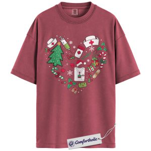 Christmas Nurse Shirt, Cute Medical Worker Holiday T-Shirt, Heart Shaped Nurse Tools Graphic Tee, Festive Gift for Healthcare Professionals, Christmas Comfort Colors Shirt