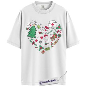 Alternative view of Christmas Nurse Shirt, Cute Medical Worker Holiday T-Shirt, Heart Shaped Nurse Tools Graphic Tee, Festive Gift for Healthcare Professionals, Christmas Comfort Colors Shirt