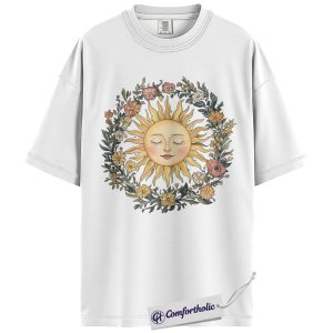 Alternative view of Boho Sun and Floral Shirt, Vintage Celestial Sun Face T-Shirt, Aesthetic Nature Graphic Tee, Spiritual Sunshine Gift for Women, Comfort Colors Shirt