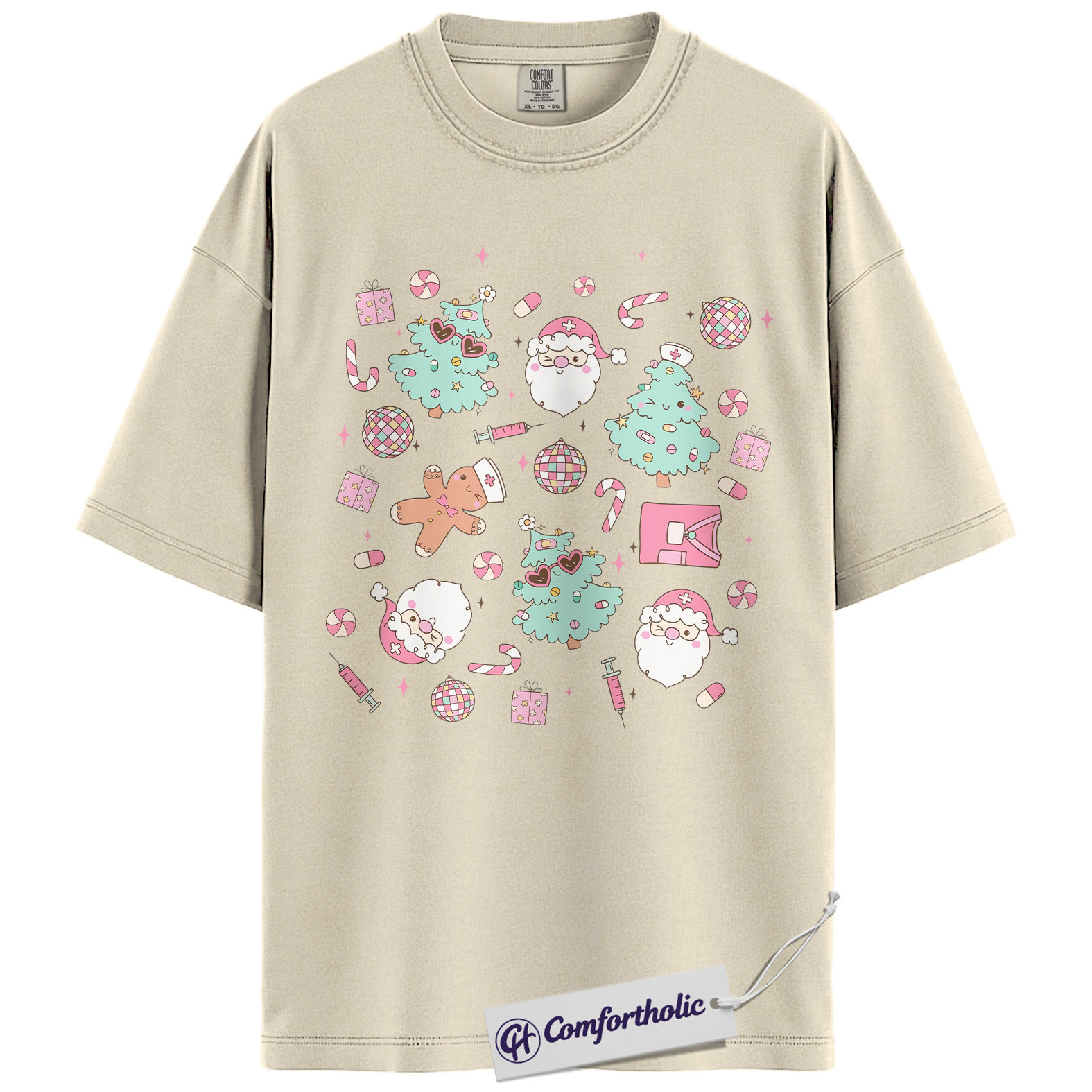 Funny Nurse Christmas Shirt, Cute Medical Worker Holiday T-Shirt, Pastel Santa and Tree Graphic Tee, Festive Gift for Nurses, Christmas Comfort Colors Shirt - Image 5