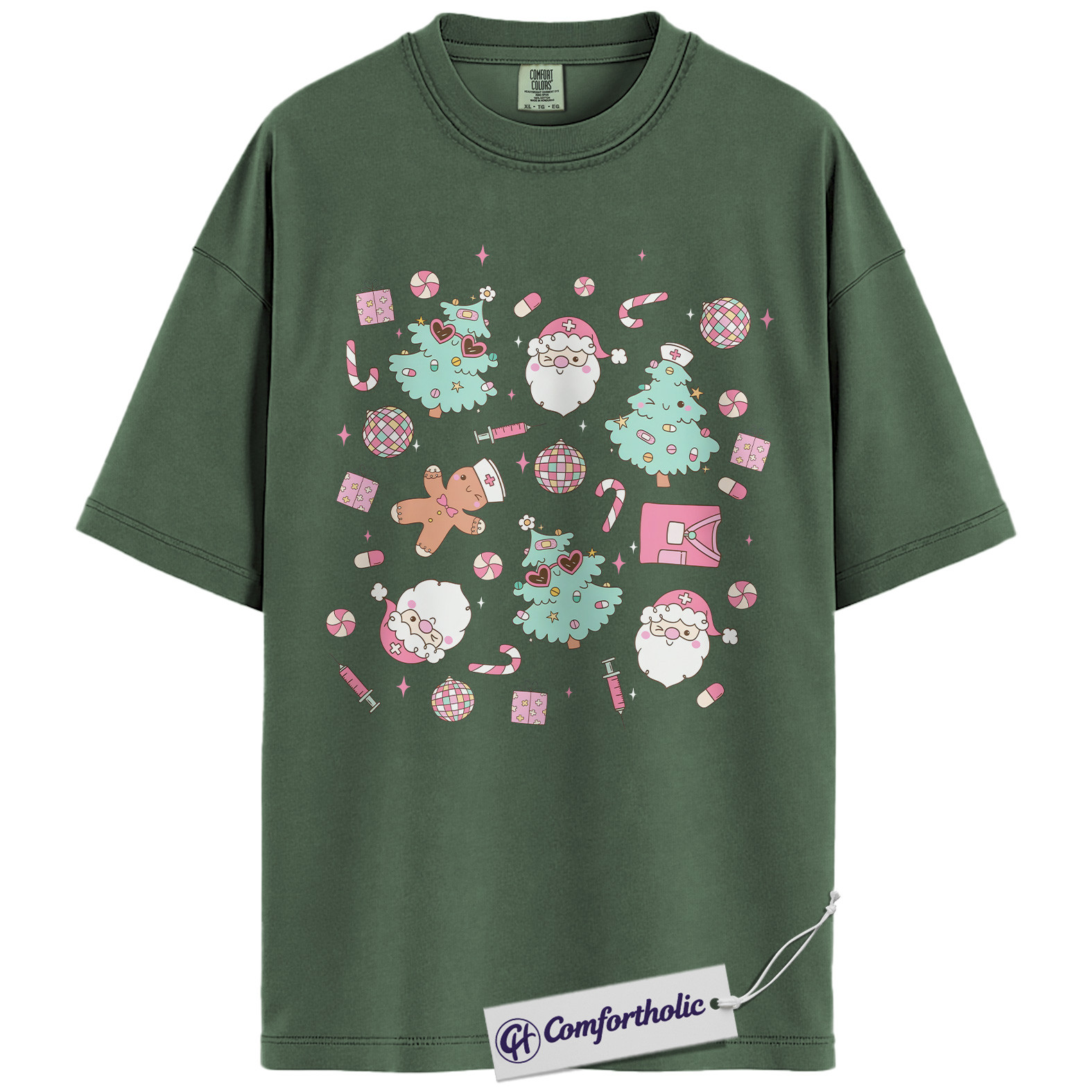 Funny Nurse Christmas Shirt, Cute Medical Worker Holiday T-Shirt, Pastel Santa and Tree Graphic Tee, Festive Gift for Nurses, Christmas Comfort Colors Shirt - Image 6