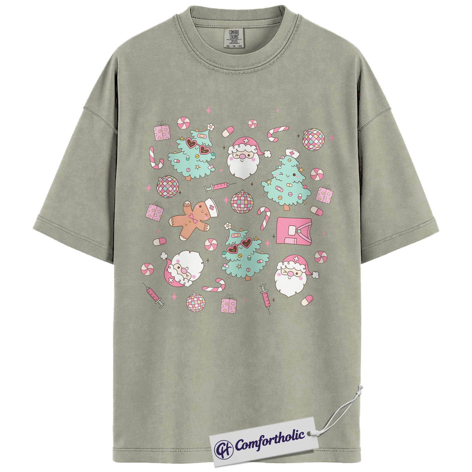 Funny Nurse Christmas Shirt, Cute Medical Worker Holiday T-Shirt, Pastel Santa and Tree Graphic Tee, Festive Gift for Nurses, Christmas Comfort Colors Shirt - Image 7