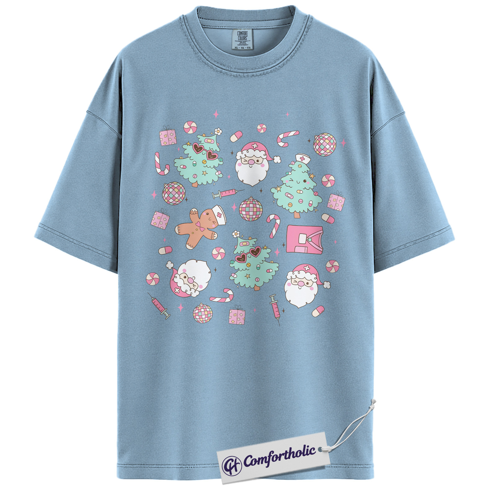 Funny Nurse Christmas Shirt, Cute Medical Worker Holiday T-Shirt, Pastel Santa and Tree Graphic Tee, Festive Gift for Nurses, Christmas Comfort Colors Shirt - Image 15