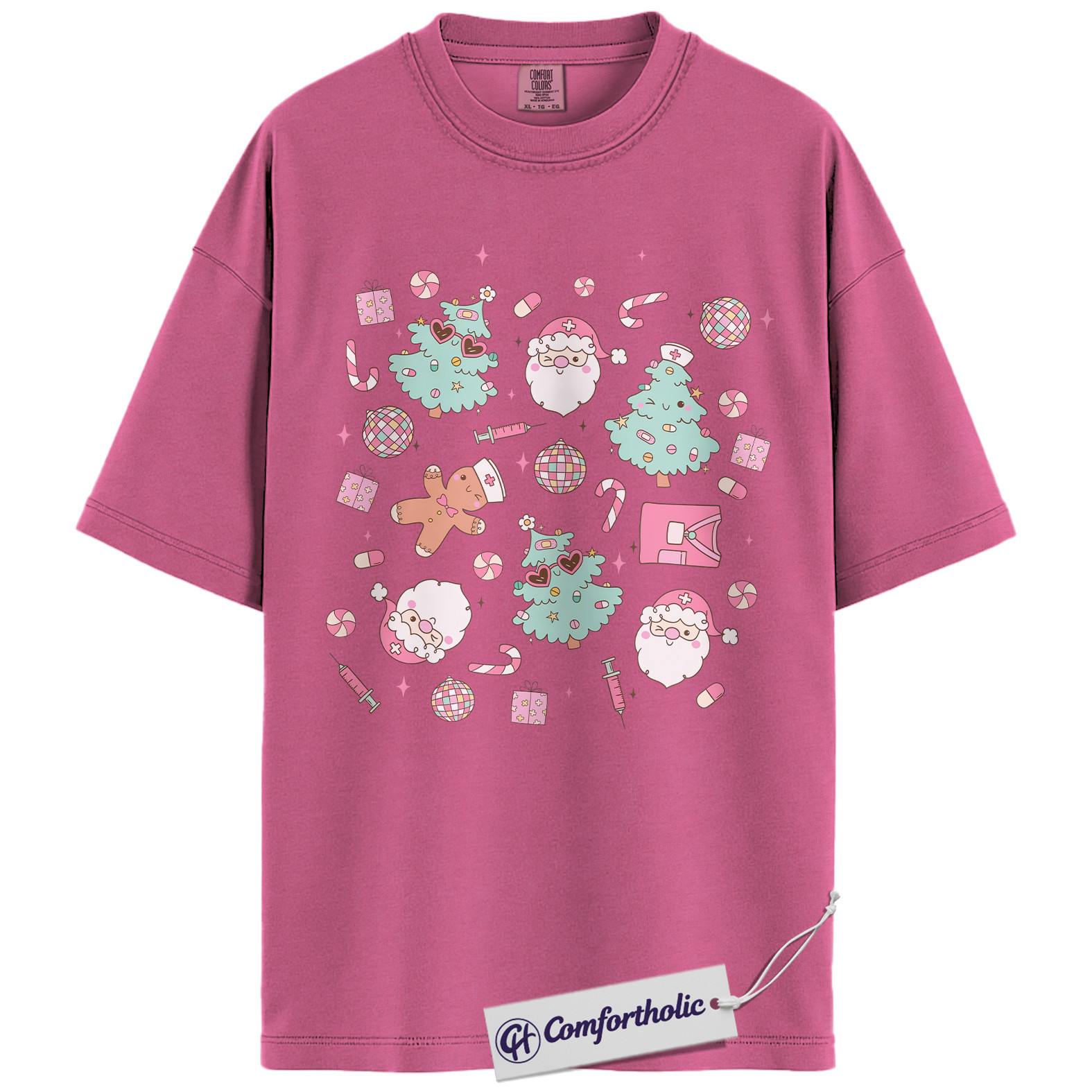 Funny Nurse Christmas Shirt, Cute Medical Worker Holiday T-Shirt, Pastel Santa and Tree Graphic Tee, Festive Gift for Nurses, Christmas Comfort Colors Shirt