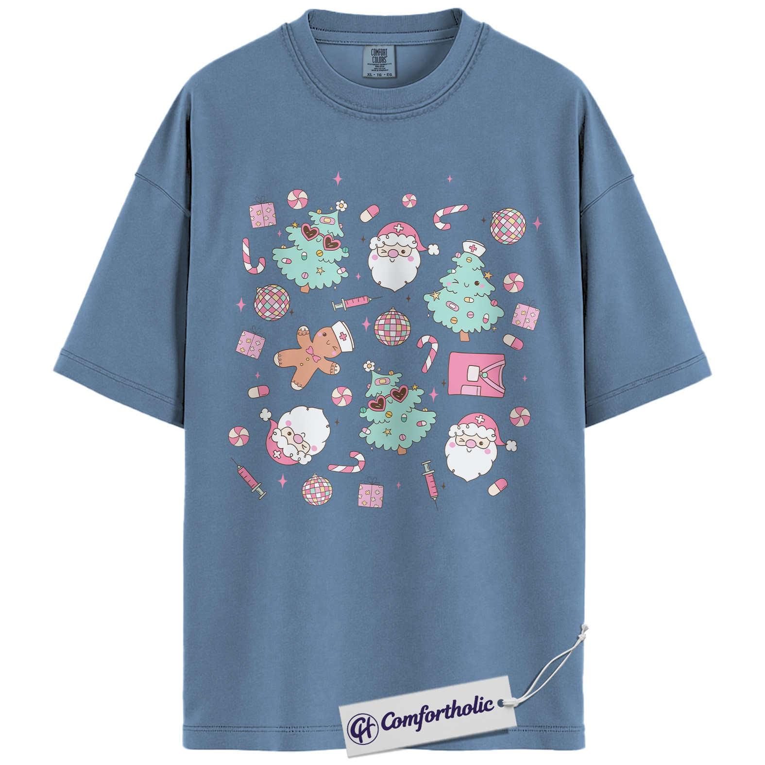 Funny Nurse Christmas Shirt, Cute Medical Worker Holiday T-Shirt, Pastel Santa and Tree Graphic Tee, Festive Gift for Nurses, Christmas Comfort Colors Shirt - Image 17
