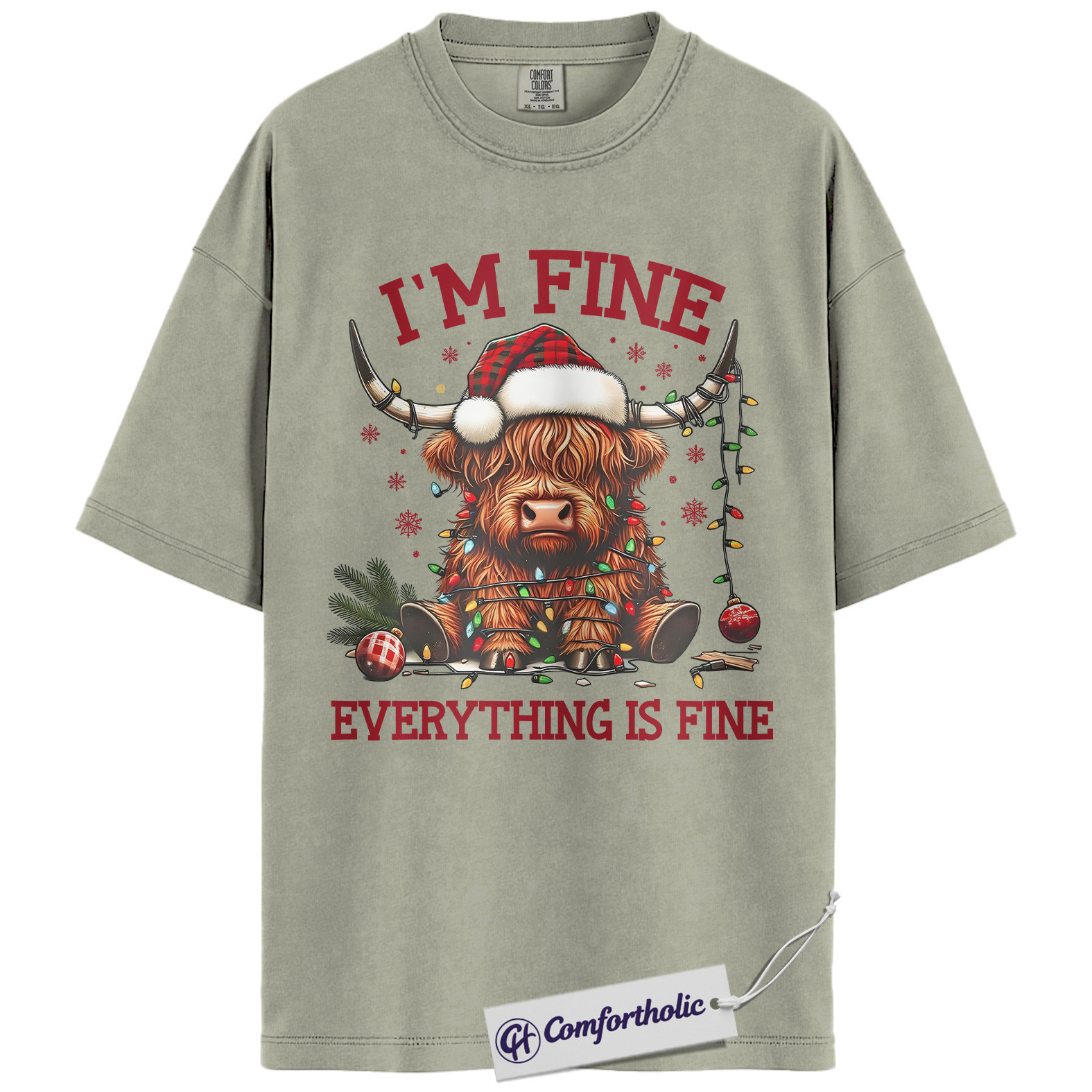 I’m Fine Everything Is Fine Shirt, Funny Highland Cow Christmas T-Shirt, Cute Farm Animal Holiday Graphic Tee, Sarcastic Gift for Cow Lovers, Christmas Comfort Colors Shirt - Image 7